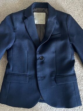 Zara Collection Tailored Fit Boys Navy Suit Set with baby blue shirt Size 5